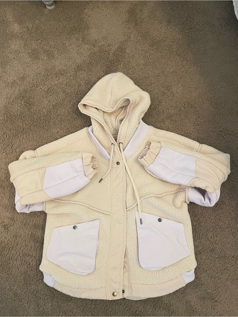 Women’s Free People Movement Cream Sherpa Hooded Jacket with Pocket Details